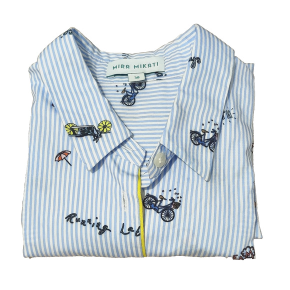 Mira Mikati Womens Button Shirt Size 4 FR 38 Striped Printed Fabric Classic Chic - Picture 1 of 16